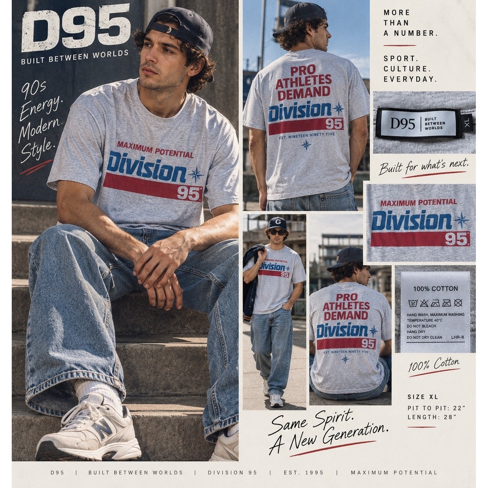 D95 Division 95 XL Graphic T Shirt Gray Pro Athletes 90s Retro Streetwear